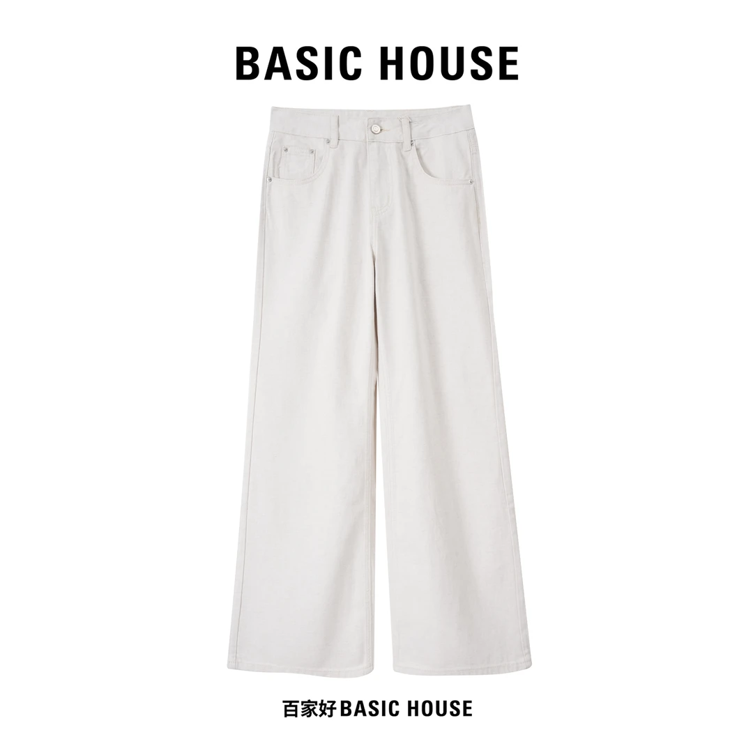Basic House/百家好薄款少女风阔腿裤做旧高腰牛仔裤休闲裤摩斯风