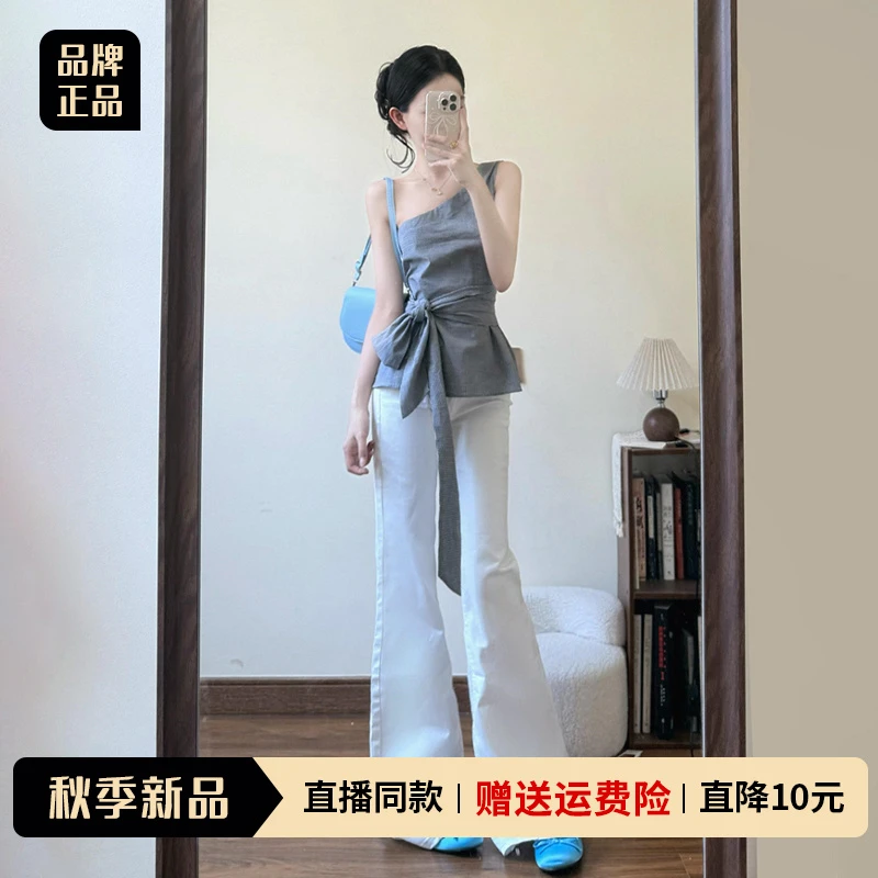 2025新款设计感不规则斜肩绑带格子吊带背心女夏内搭抹胸无袖上衣