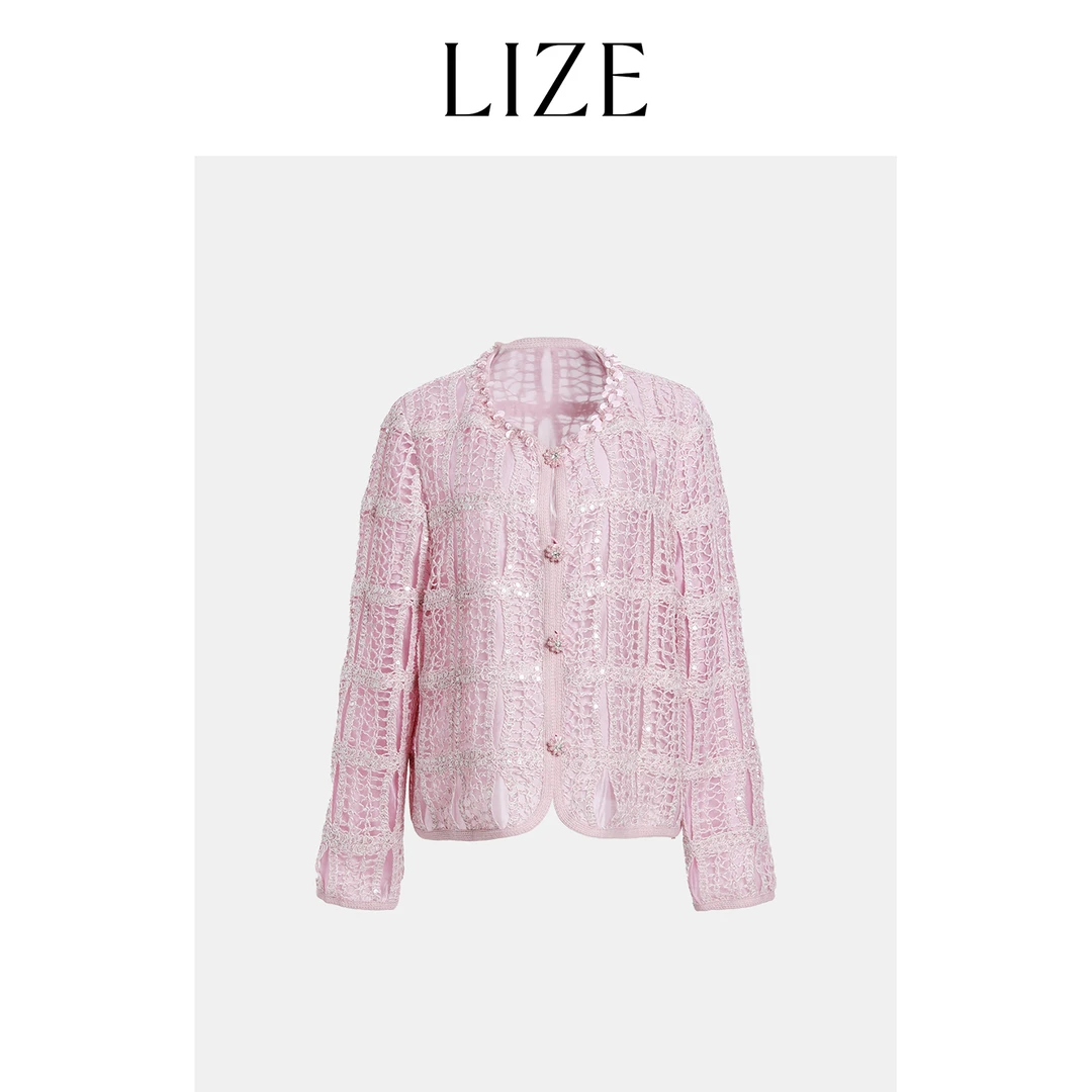 LIZE「粉漾」钉珠镶钻.小香风镂花针织外套ZEA0073