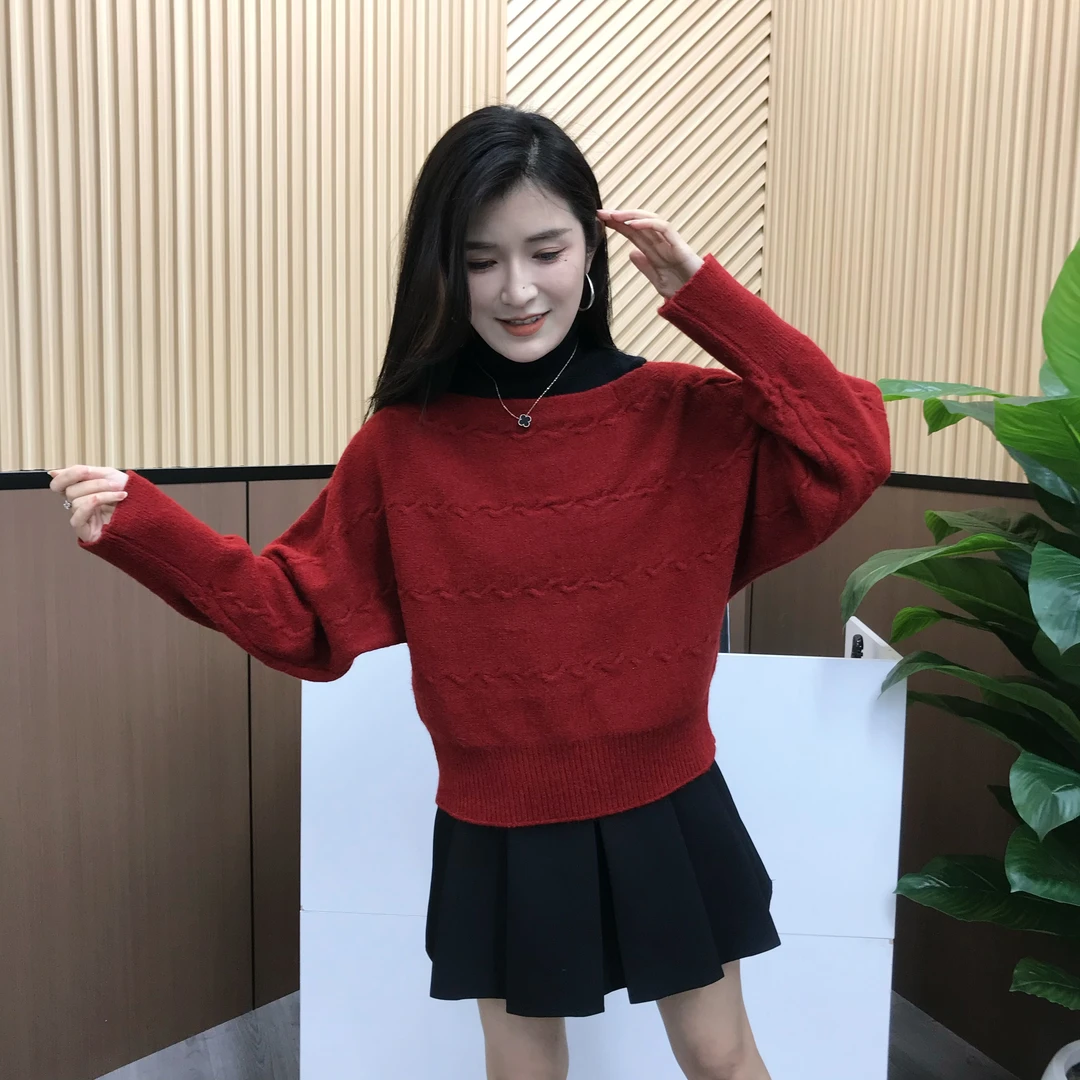 软糯慵懒风高级感两件套露肩红色高领打底外穿毛衣秋冬针织衫上衣