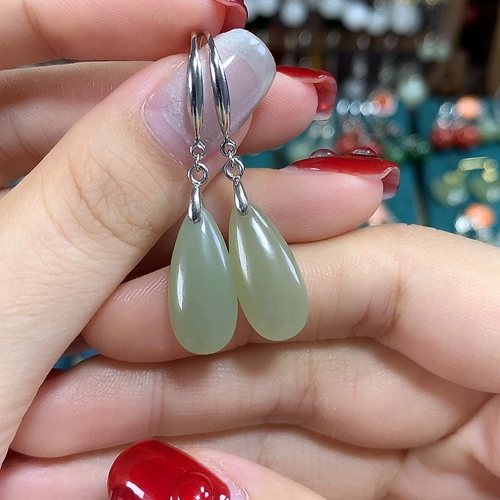 和田玉银S925镶嵌耳饰水滴