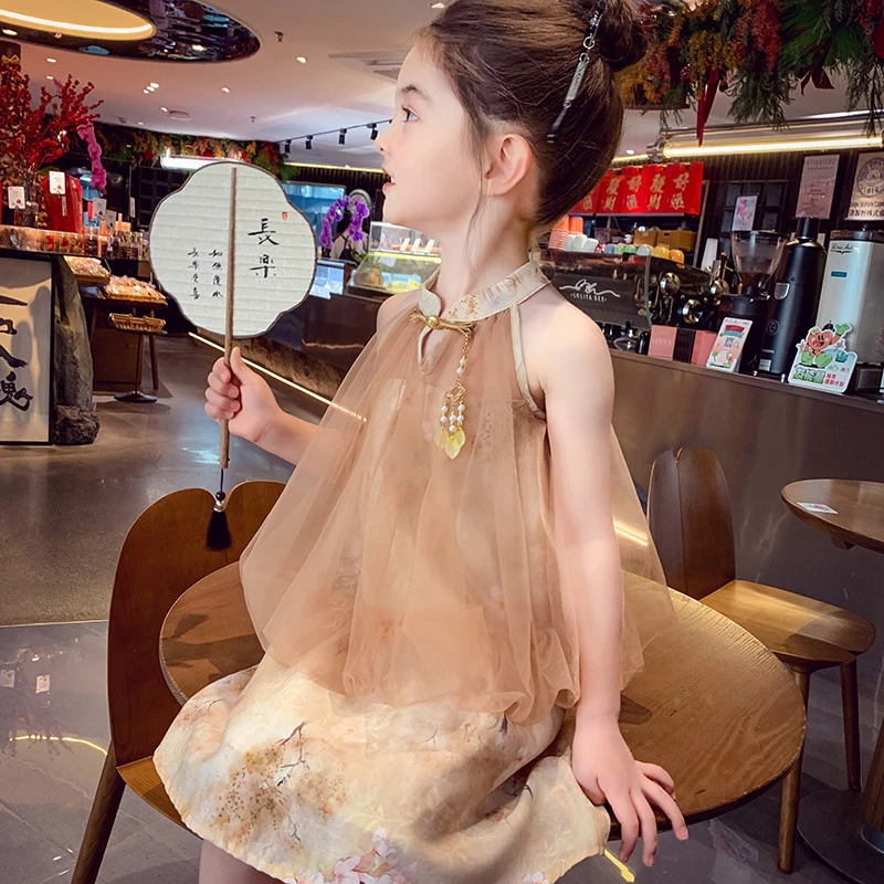 女童旗袍裙夏装2025新款儿童国风挂脖连衣裙小女孩纱裙洋气背心裙