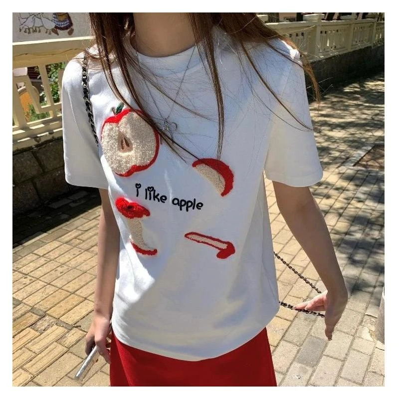 【原版做工+刺绣】苹果毛巾绣正肩T恤女夏季字母刺绣短袖上衣潮