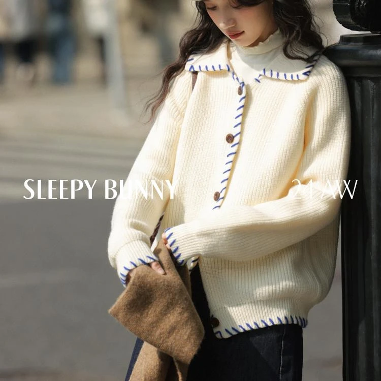P瞌睡兔【清苍】北极绒撞色毛衣女宽松减龄开衫保暖软糯上衣246385