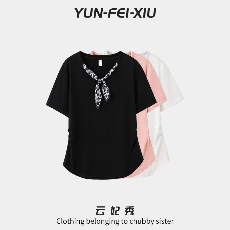 云妃秀大码女装T恤时尚休闲褶皱丝巾收腰显瘦宽松气质减龄夏25579