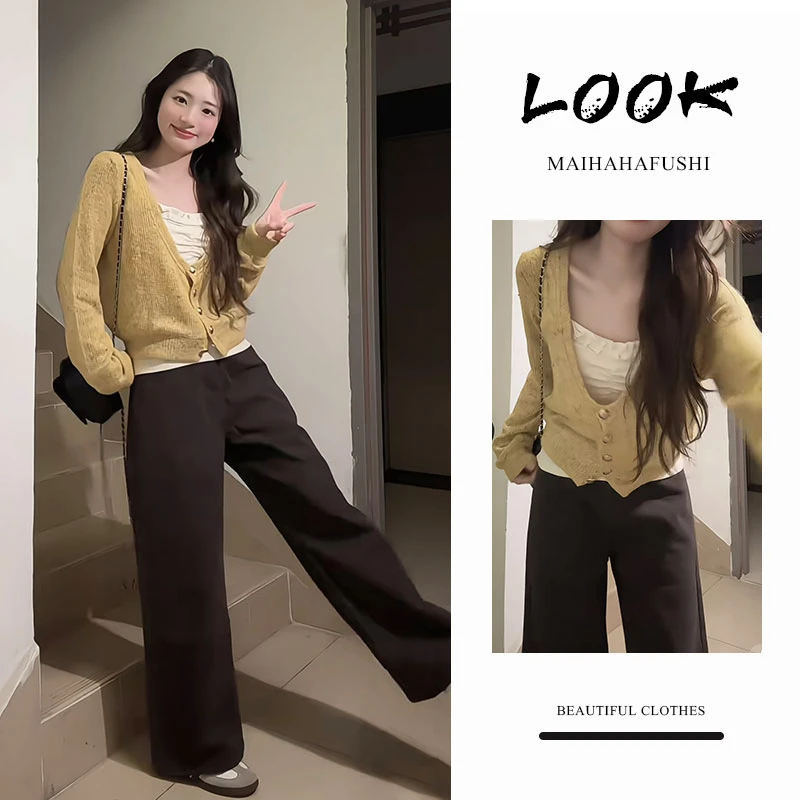 秋季一整套女装2025新款韩版V领短款针织开衫吊带上衣阔腿裤套装