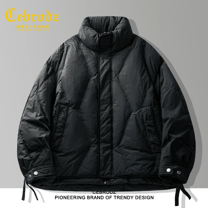 法国Cebrodz复古菱形格蓬松百搭立领羽绒服男士冬季保暖羽绒外套