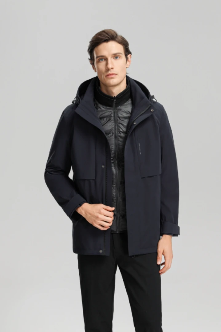 9813-男士冬季两色连帽内胆鸭绒可脱卸中长款防风保暖休闲羽绒服