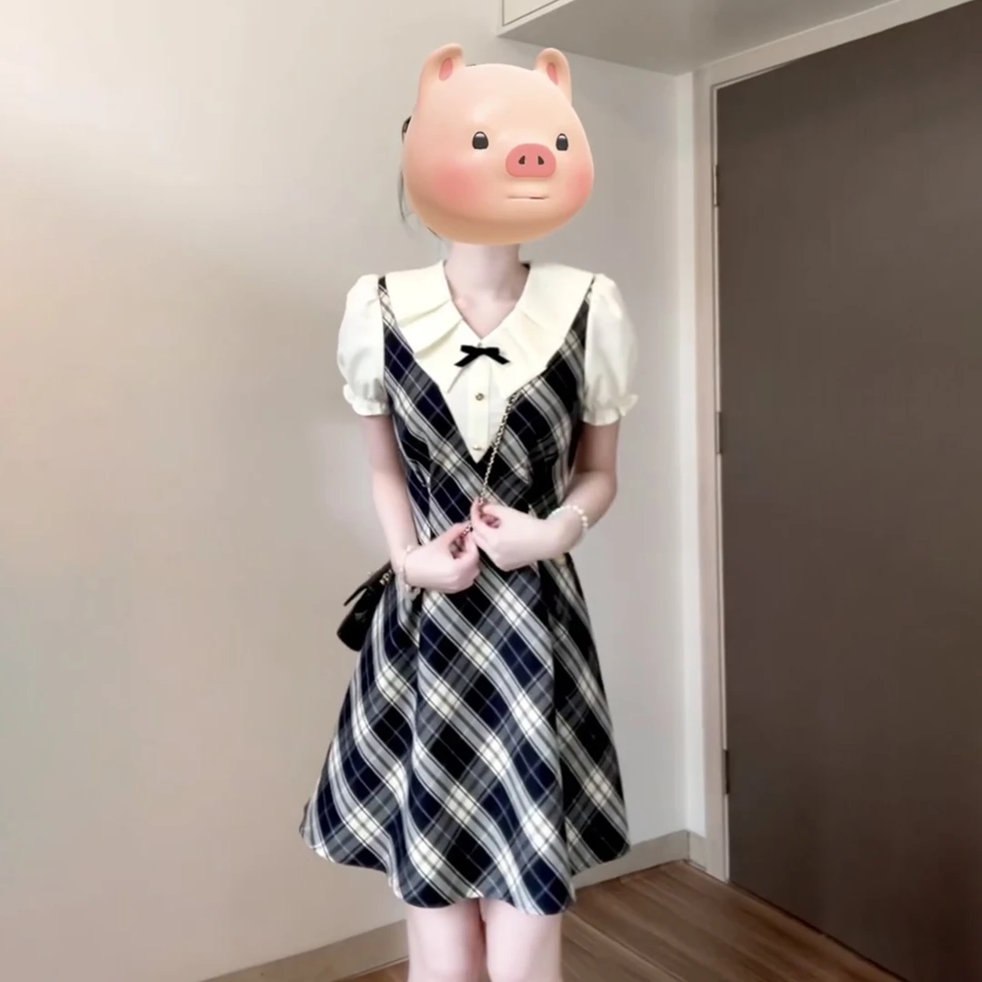 学院风气质假两件格子连衣裙子女夏季2025新款女生韩系ins衣服