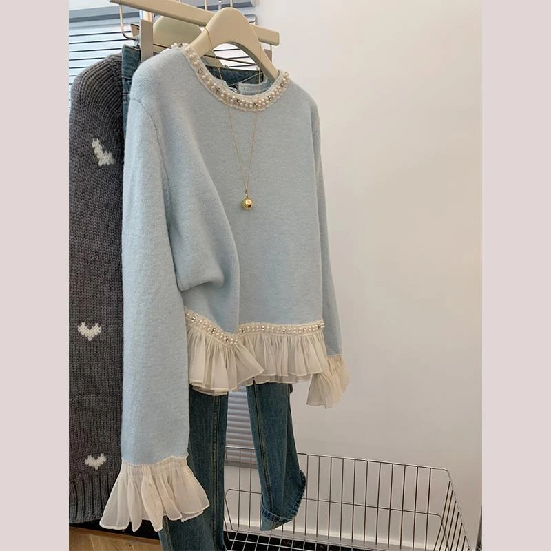 大牌外贸专柜撤回重工钉珠蕾丝拼接毛衣女冬季小个子穿搭针织上衣