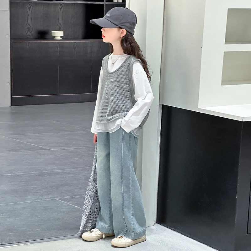 女童套装女大童洋气时髦女孩韩版春装针织马甲三件套2025春季新款