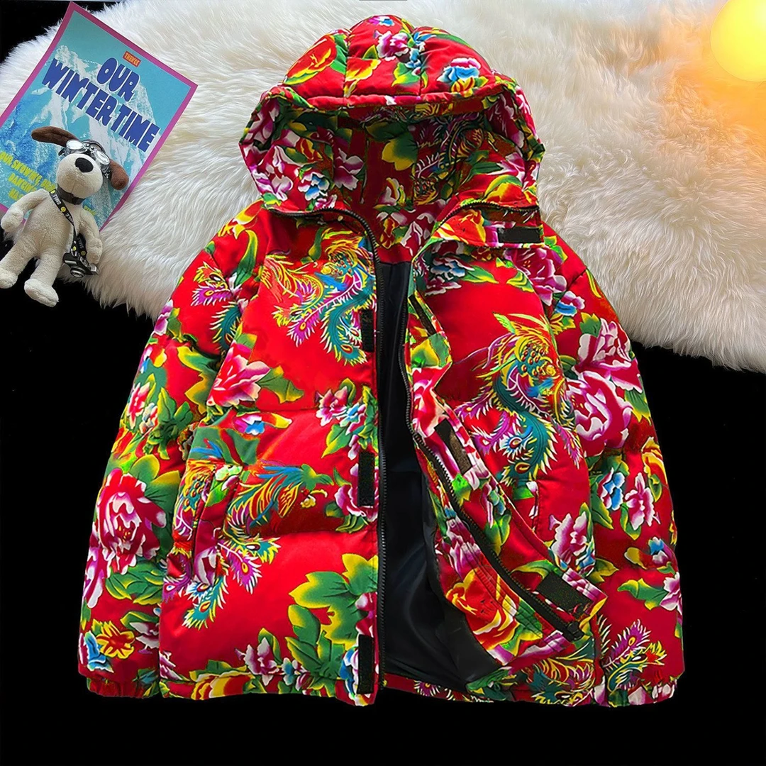 东北大花网红情侣同款连帽中国风宽松复古棉服保暖棉袄