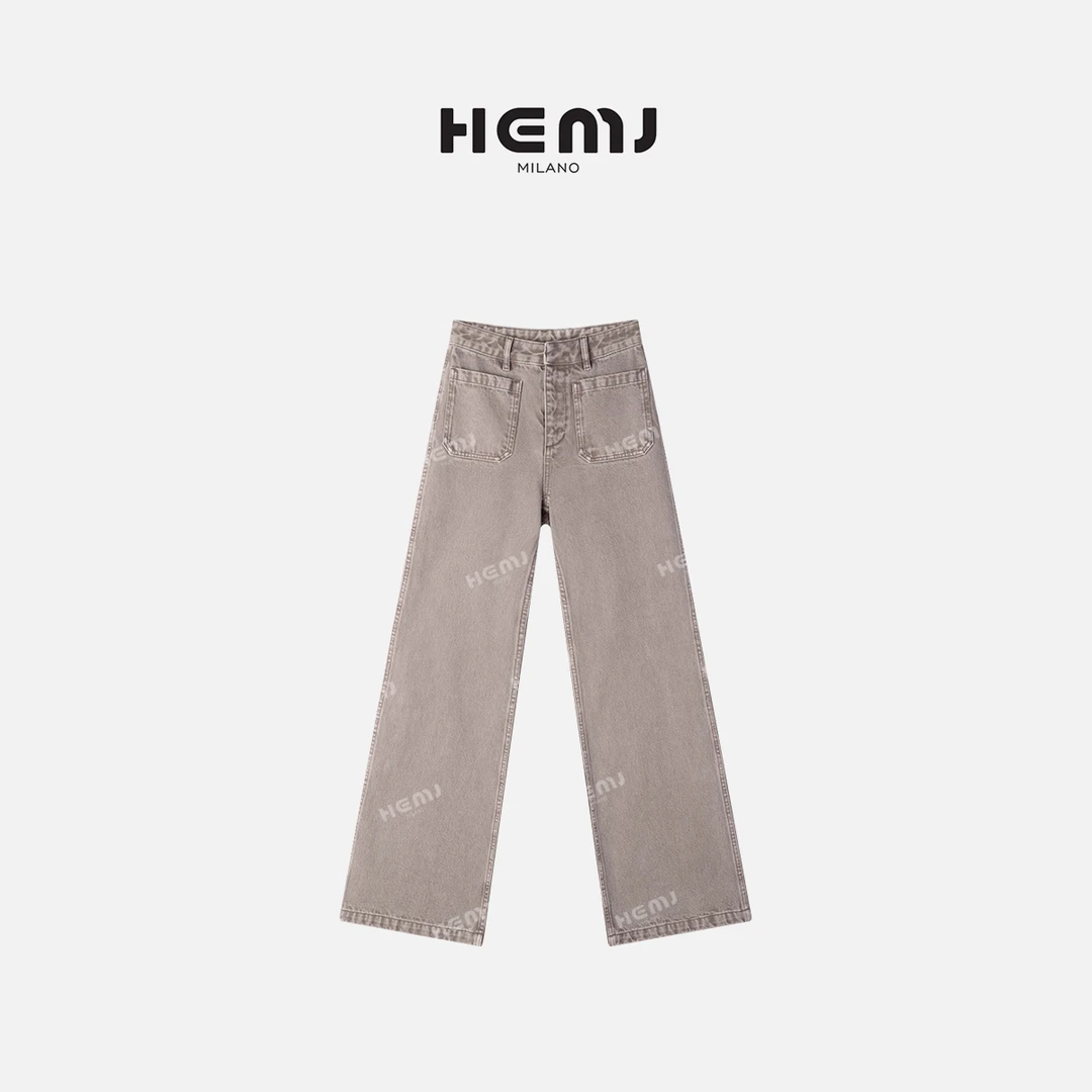 HEMJ 和梦洁"雾屿"100棉灰粉色设计师百搭水洗牛仔裤 MD1A0069