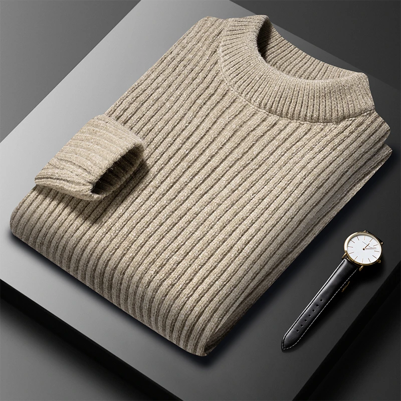 男士水貂绒圆领毛衣秋冬时尚加厚保暖休闲纯色打底衫中年针织上衣