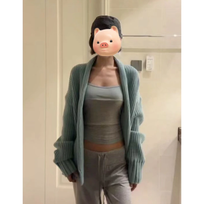 巨好看的韩系早秋穿搭蓝色毛衣开衫外套女秋冬宽松慵懒风针织外套