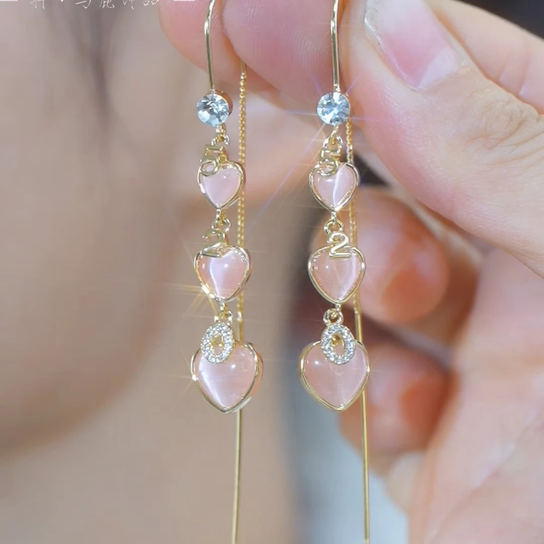 铜合金合成锆石耳饰 520粉色爱心耳环小众设计感高级耳饰