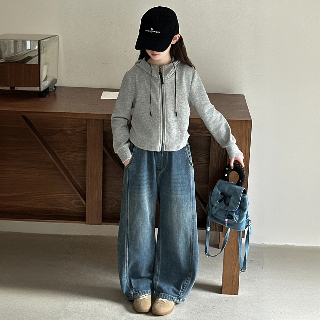 女童秋装卫衣套装2025新款女大童春秋季连帽外套儿童牛仔裤两件套