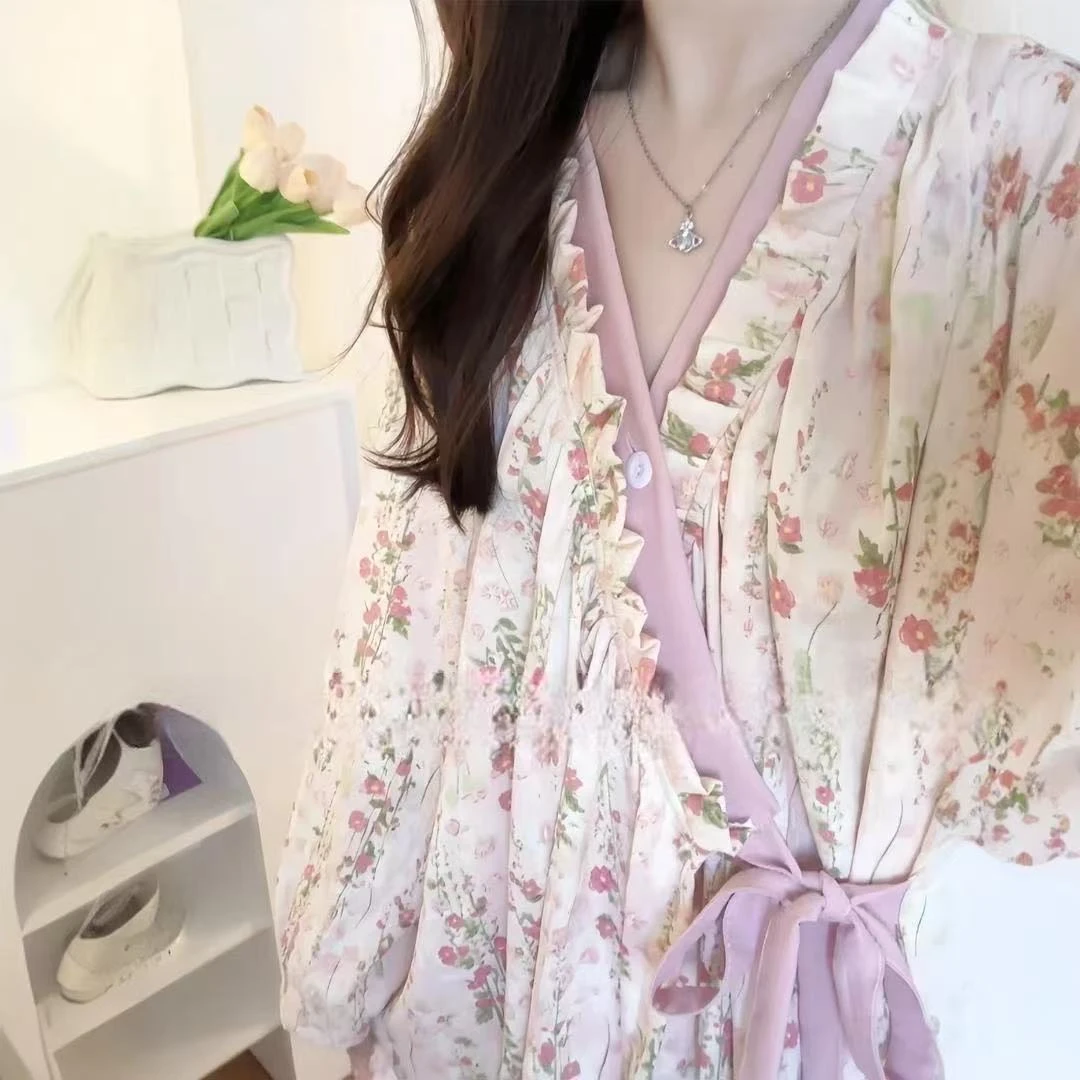 睡袍女秋季新款樱花居家服睡裙碎花百搭国风时尚春夏高级感浴袍