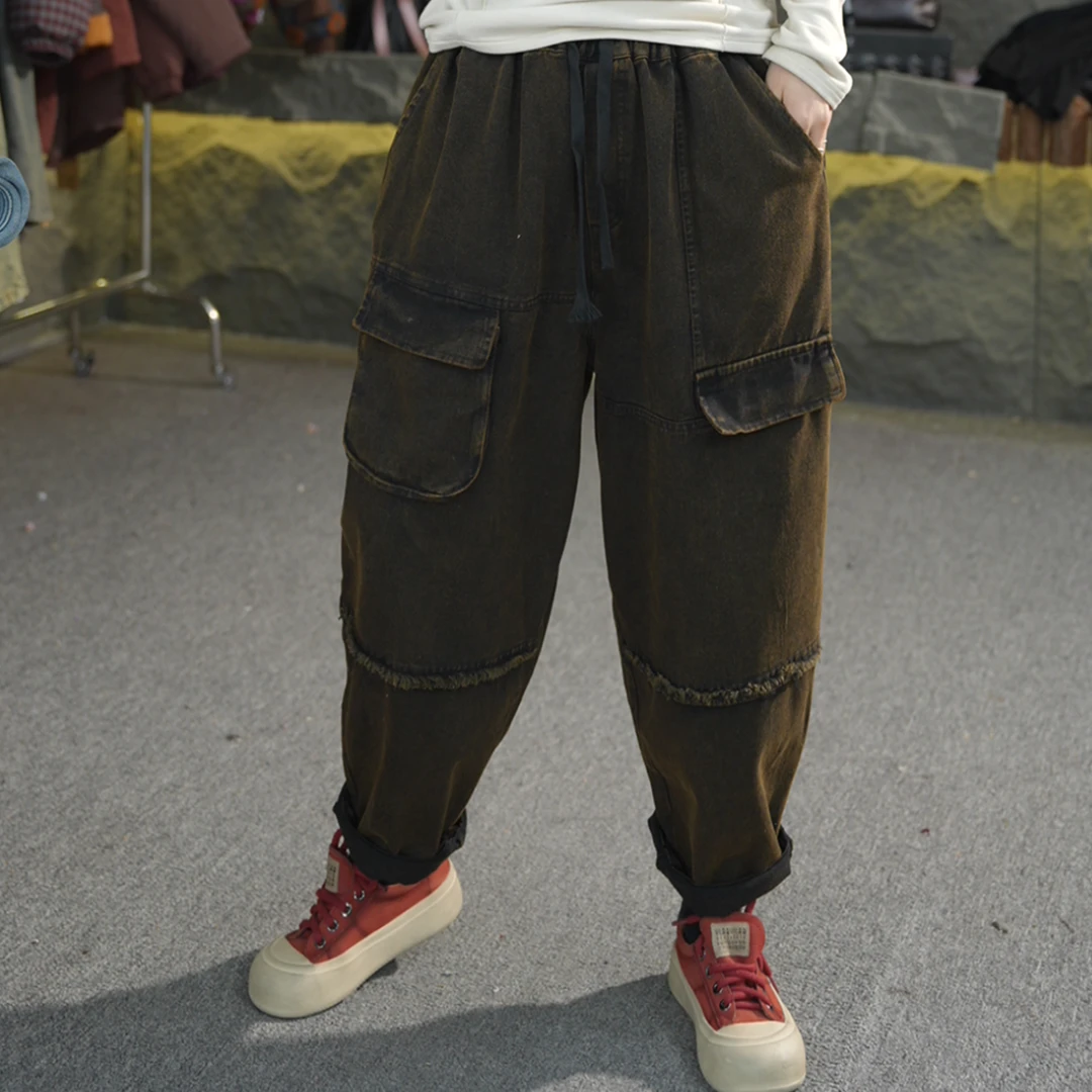 H01 春夏季新款水洗牛仔裤子女士宽松显瘦遮肉复古百搭休闲裤子