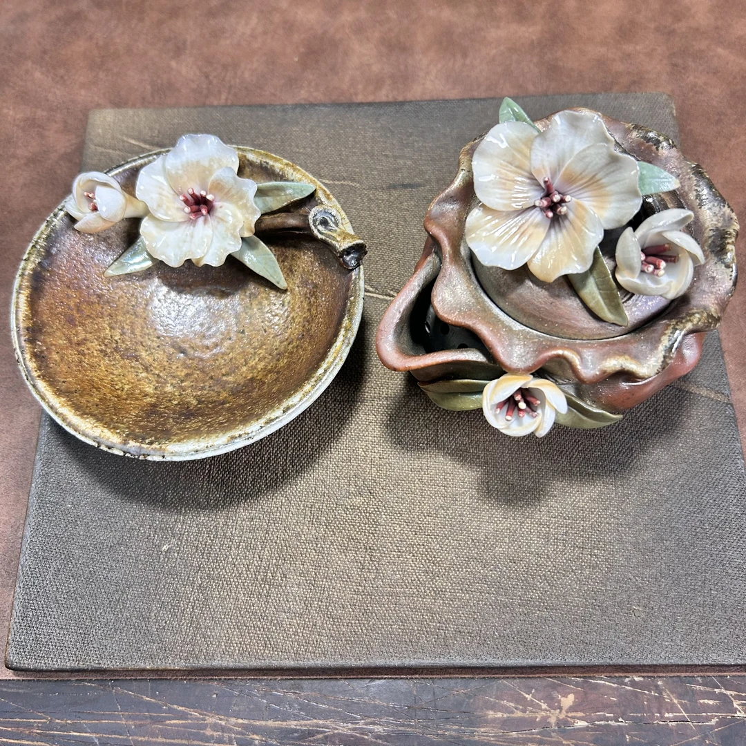 黄秋阳柴烧作品陶泥桃花宝瓶壶140CC桃花杯子80CC两件套