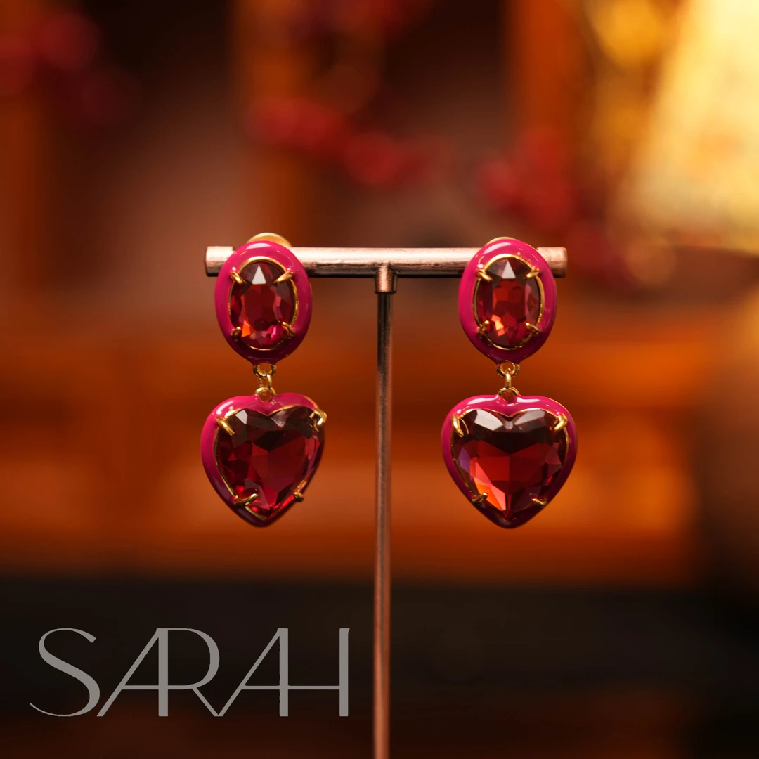 铜合金合成锆石耳饰 DearLisa.精工系列 红粉色心心925银针耳钉