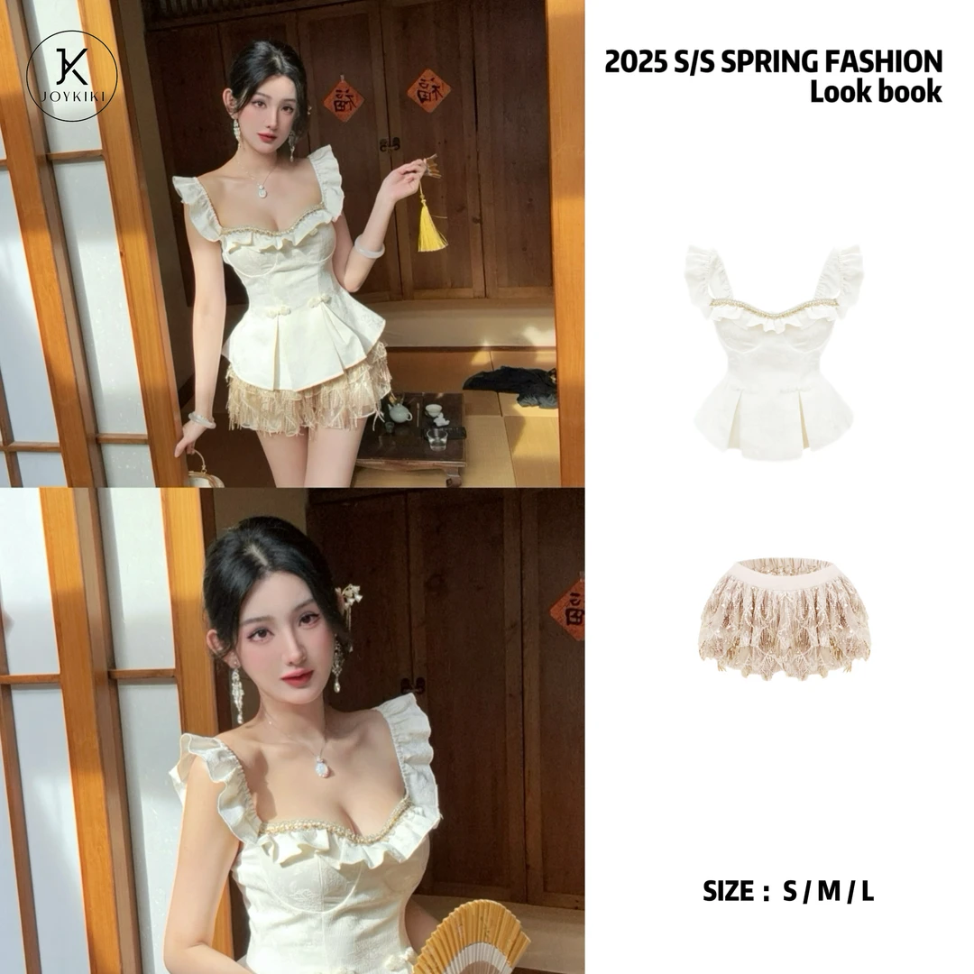 JOY KIKI金金【南风意】夏季收腰显瘦宫廷拼钻小飞袖上衣 J25B058