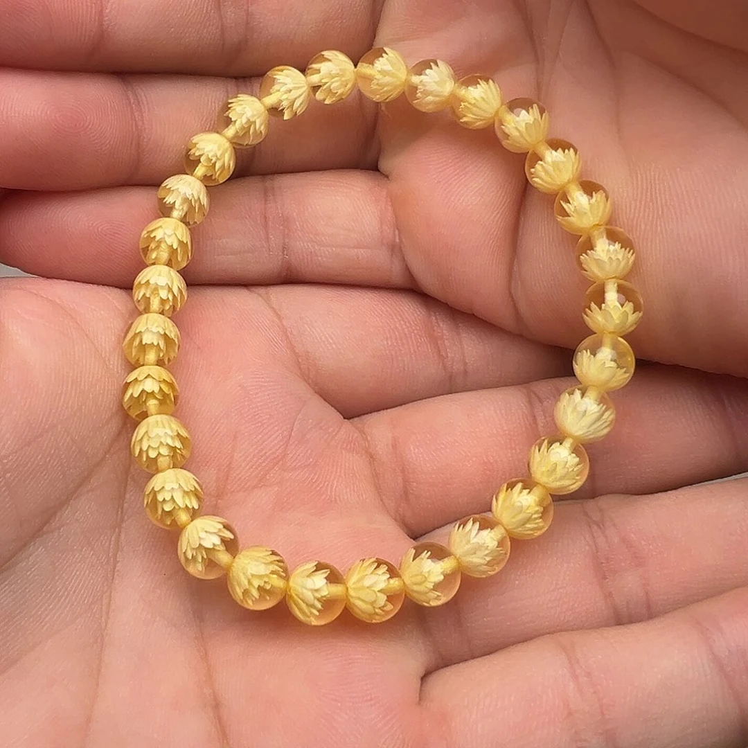 金珀颈饰未镶嵌天然金珀精雕莲花手串