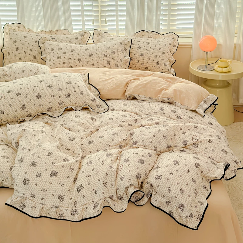 新款云感皱皱双层纱A类母婴级四季款床上用品花边四件套学生宿舍