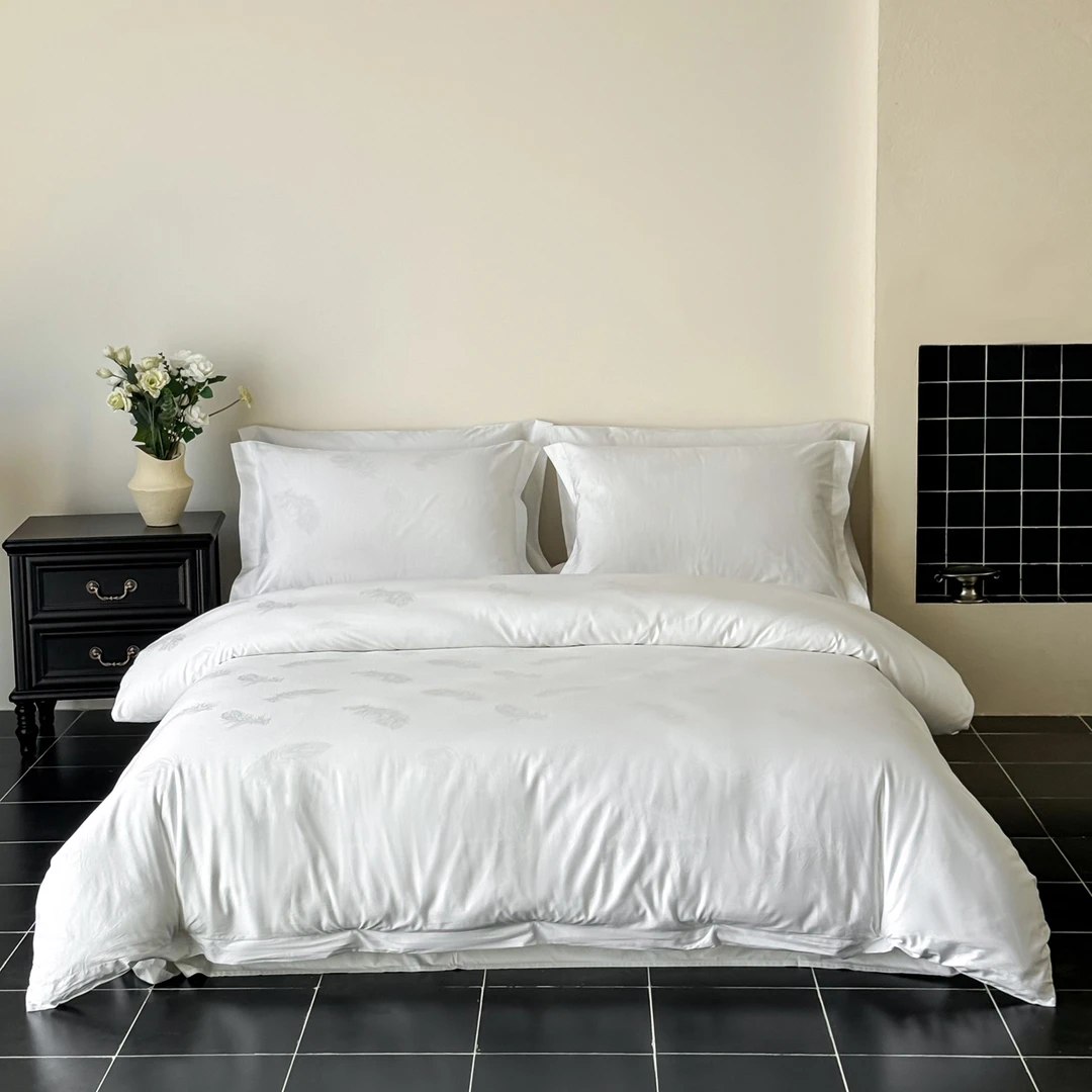 羽毛提花100%棉60支全工艺丝光五星级酒店布草床上四件套床单款