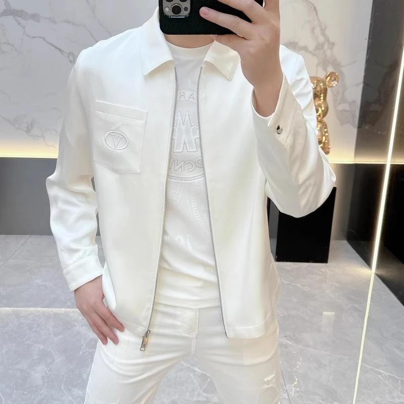 2025春夏新品轻奢男士时尚纯色翻领夹克修身帅气短款外套男装2508