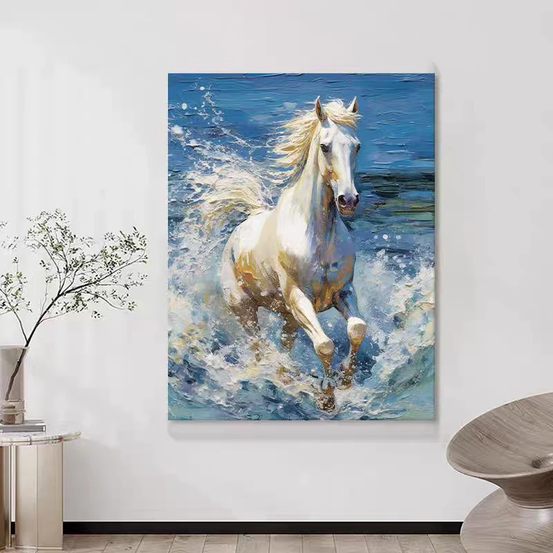 油画小哥马到成功手绘油画抽象骏马奔跑客厅装饰画肌理玄关挂画