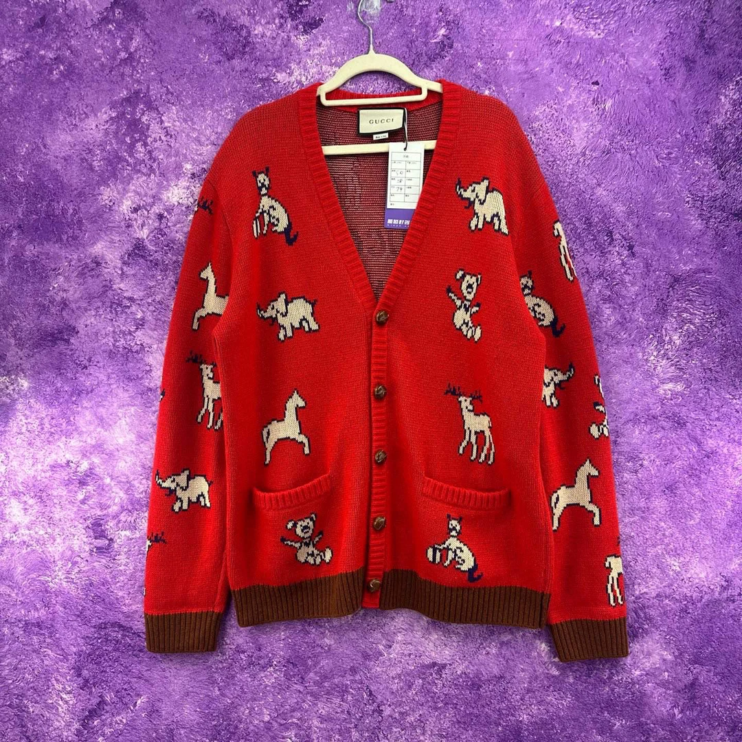 99新 GUCCI/古驰 葡萄籽奢潮/Gucci红色开衫时尚毛衣/xl女装针织