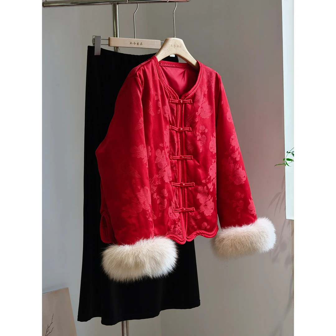 红色国风羽绒服女短款轻薄高级感新中式盘扣对襟外套狐狸毛袖口冬