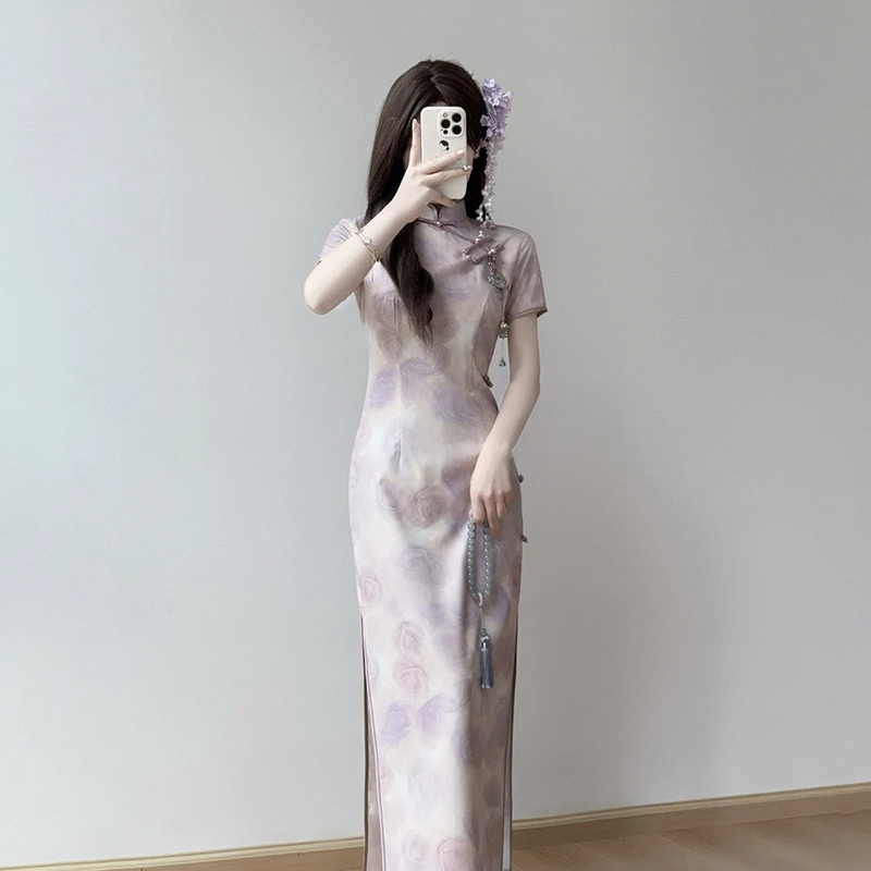 汀玥苓旗袍2025新款新中式改良连衣裙少女感国风气质修身春夏披肩