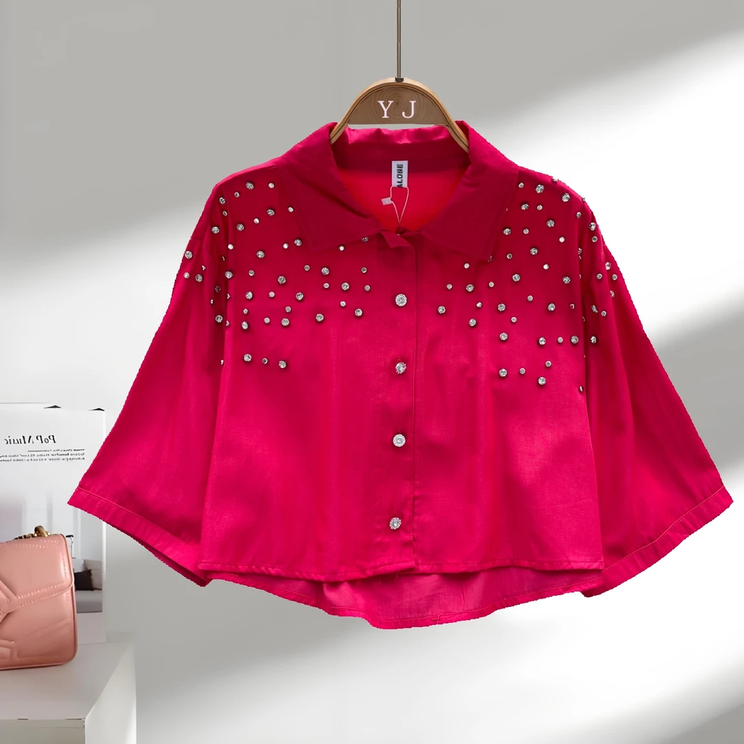 欧美风轻奢高级感Polo领衬衫女夏季重工镶钻设计名媛宽松罩衫上衣