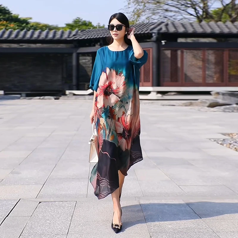 25新款国风气质天丝印花连衣裙时尚大码妈妈装优雅通勤女长裙字