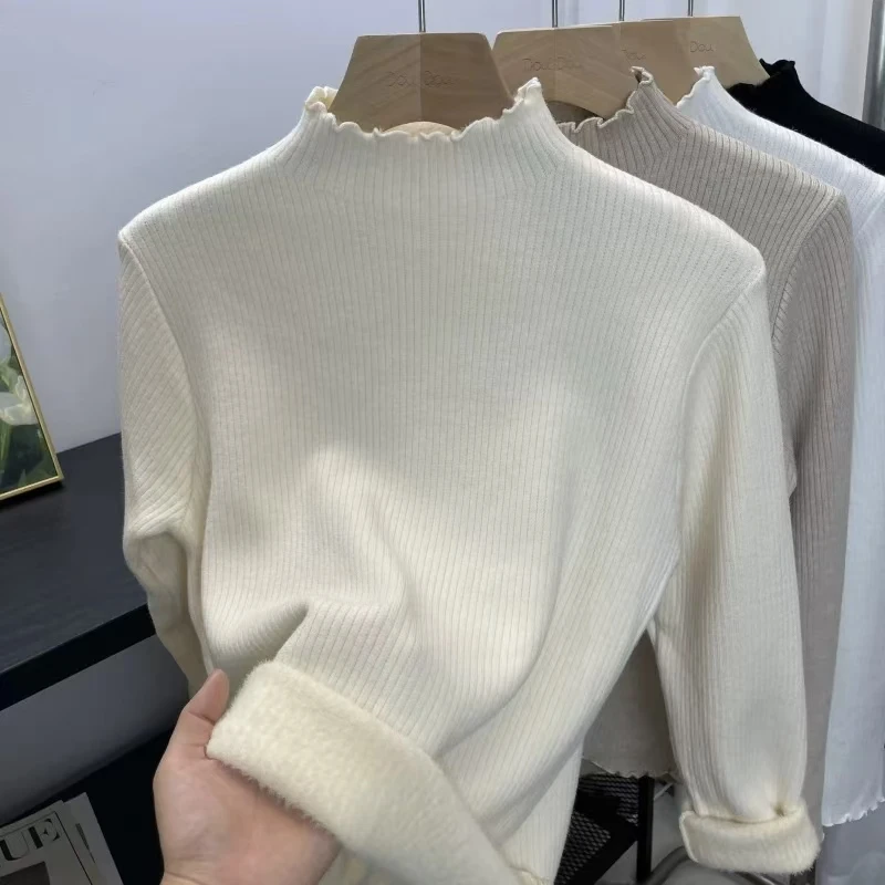 常规春季通勤木耳领保暖毛针织衫白色打底衫纯色春季半高领