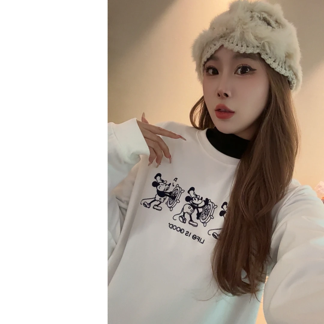 墨迹姐 高个子微胖“欢乐小鼠”卡通印花德绒加厚保暖T恤