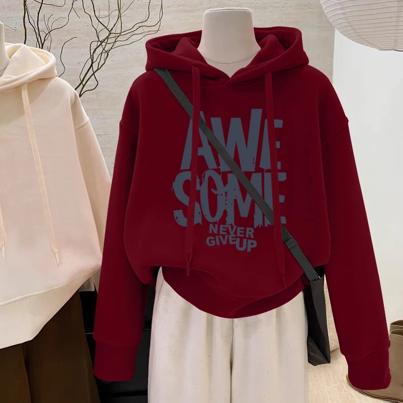 设计感小众秋冬新款2026加绒套头红色连帽卫衣女短款宽松韩版外套