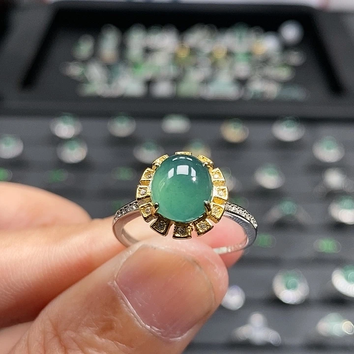翡翠银S925镀金镶嵌戒指