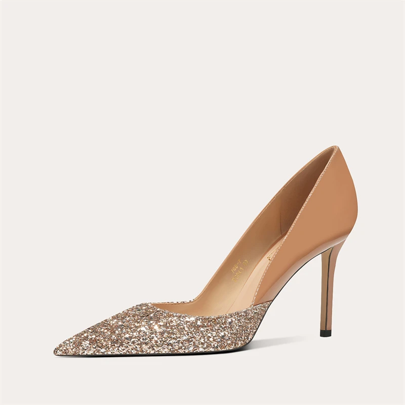 性感单鞋2024年新款亮片拼接尖高跟鞋气质百搭羊皮垫百搭细跟鞋