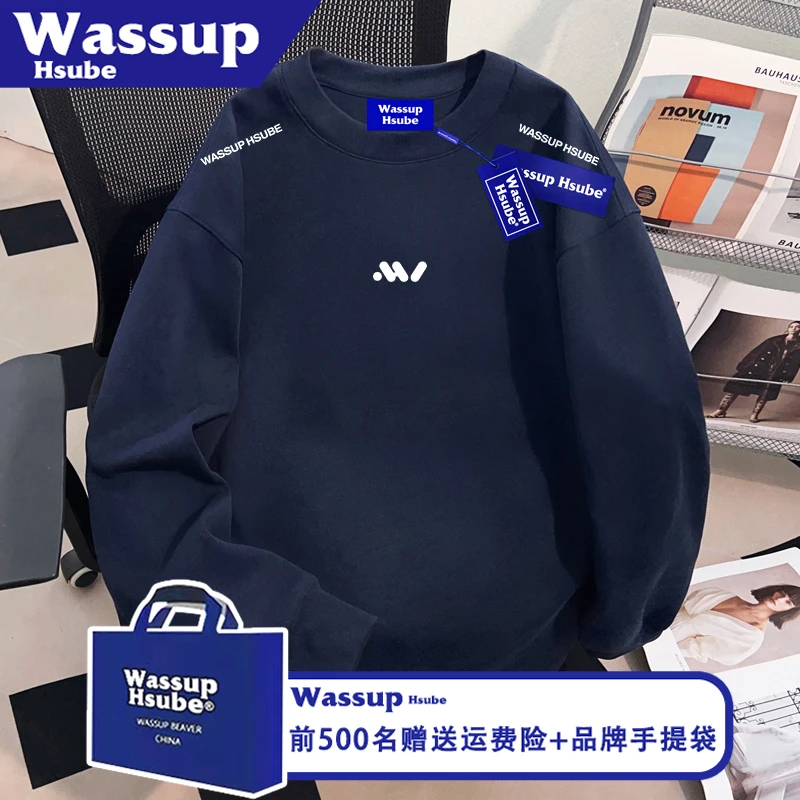 WASSUP HSUBE秋100%棉长袖潮牌设计感字母印花T恤ins男女藏青上衣