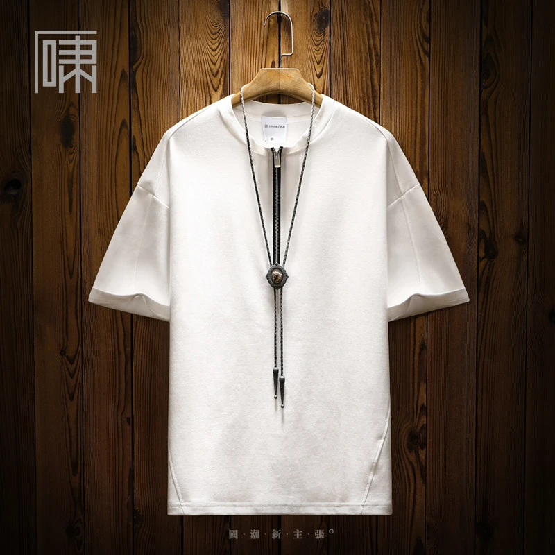 夏季潮牌国潮纯色五分袖T恤 男设计感拉链百搭潮男休闲5分袖中袖