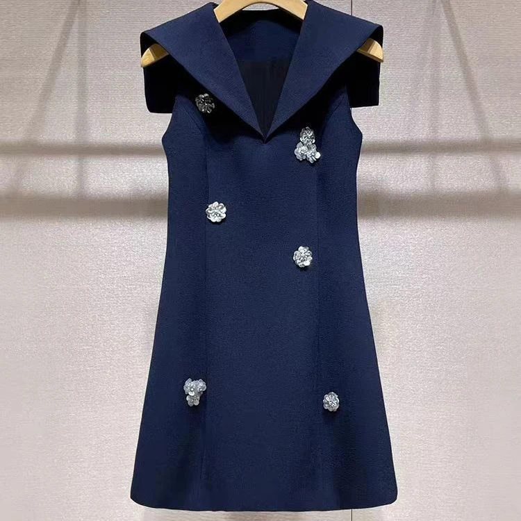 南油女装25年新款小个子轻奢连衣裙海军领手工珠