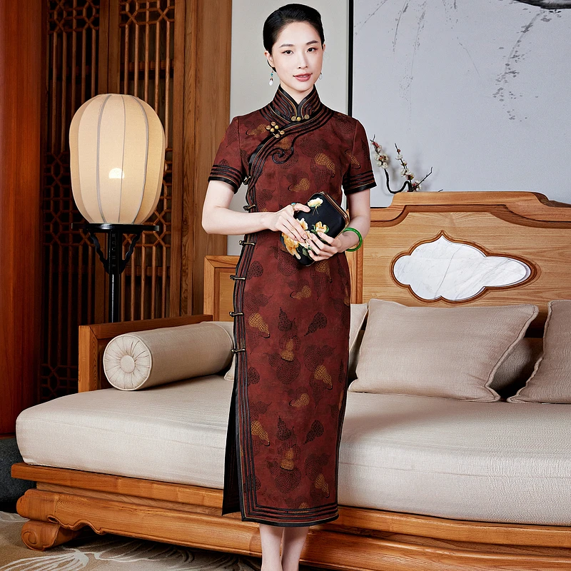 【红昭愿】花罗香云纱复古夏季显瘦气质走秀修身婚庆酒红旗袍W25700