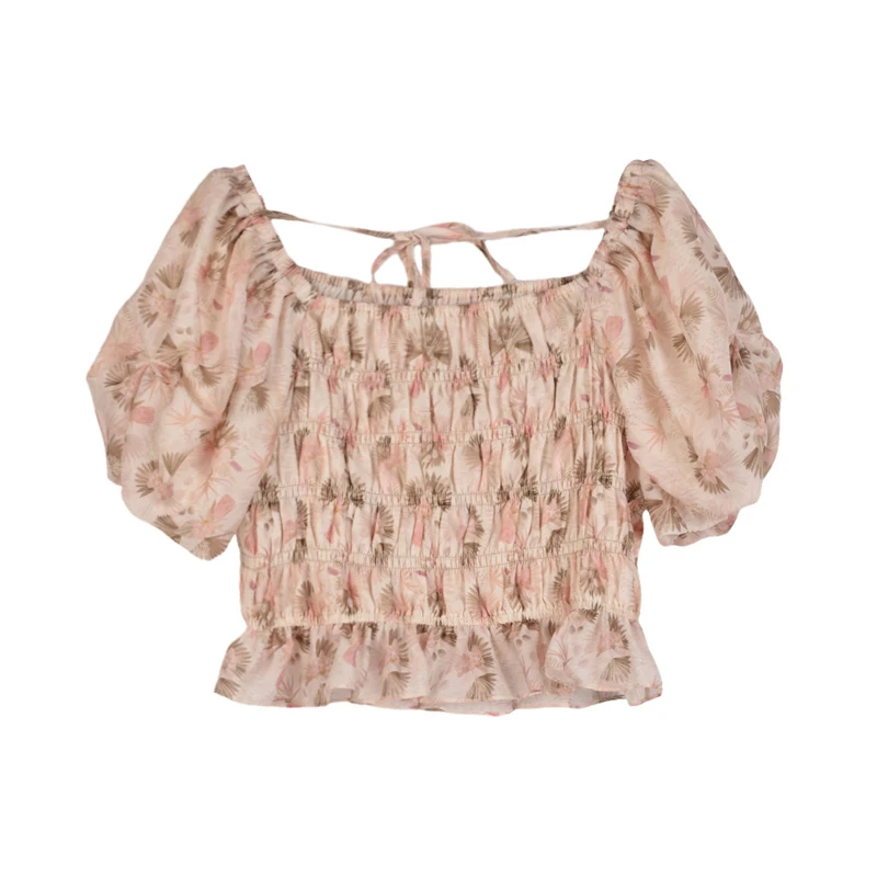 【小魏】夏季衬衫女方领泡泡袖碎花打揽上衣25C1024