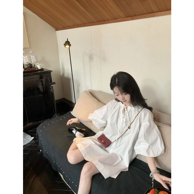 张爆爆 25春夏花苞袖甜美娃娃衫宽松中袖衬衫裙