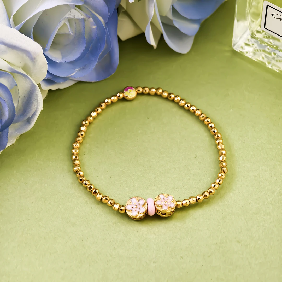 足银手链 镭射珠花卉手链爆闪镭射珠电镀黄金色手串气质送女友