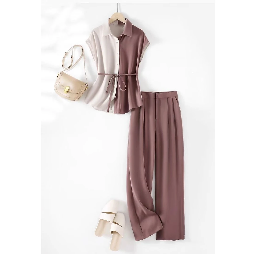 〈纪朵研〉1039时尚撞色小衫直筒裤两件套女夏季新款时髦整套搭配