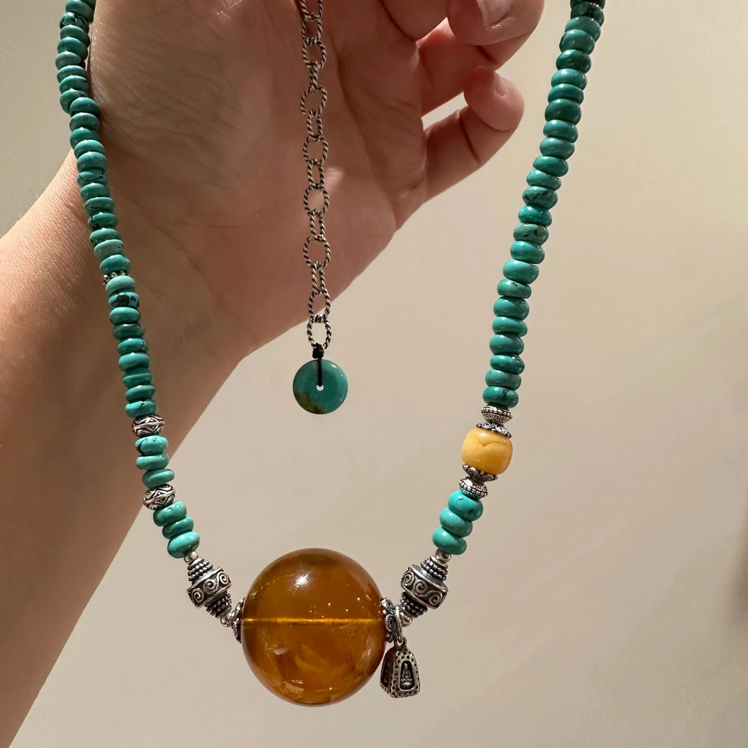 链子925银 大头姐N18147 茶色大圆珠佛像蓝色算盘珠项链